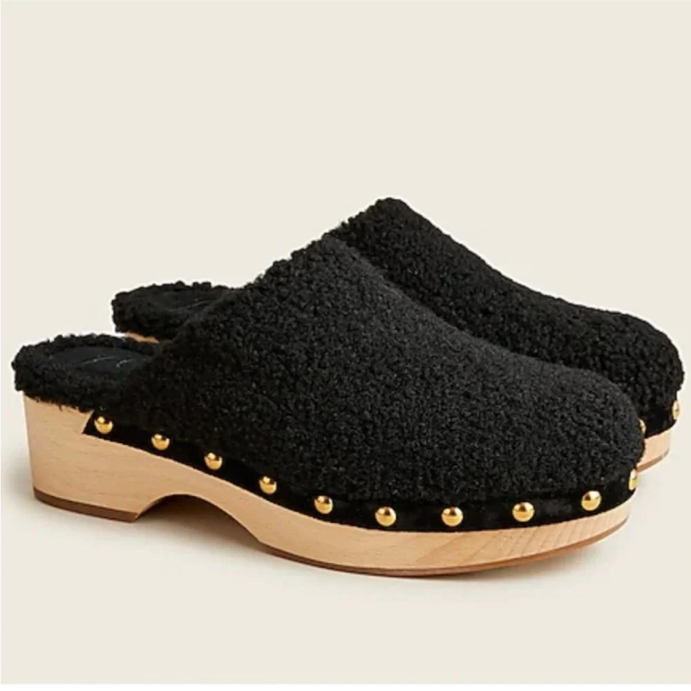 ⛔️SOLD⛔️J. Crew Black Sherpa Wooden Clogs Round Toe Mules Slip ons Size 8.5 - Picture 2 of 9